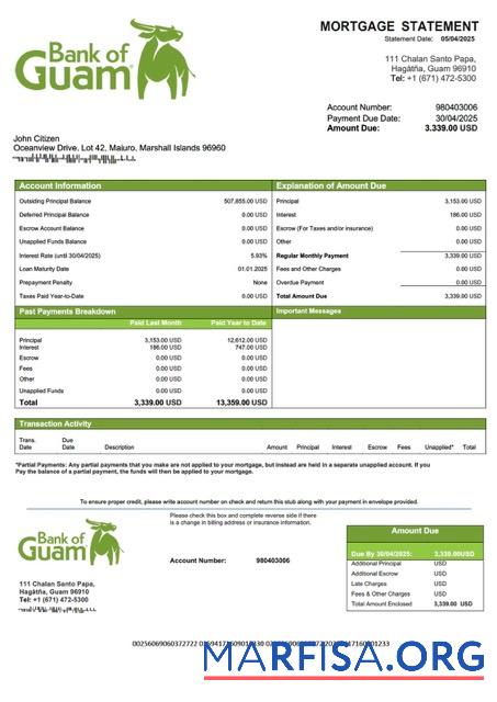 Realistic Marshall Islands Bank of Guam mortgage statement Word and PDF template